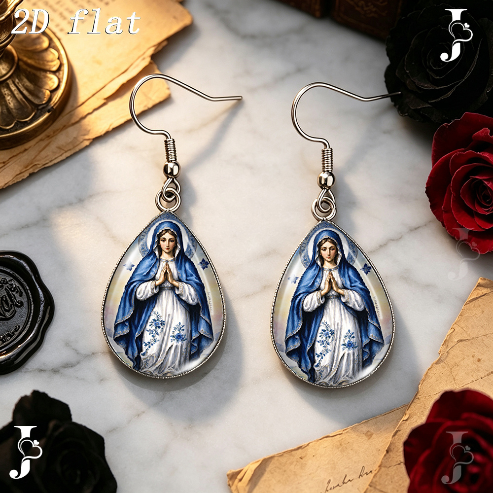 Virgin Mary Praying Pattern Teardrop Dangle Earrings, Handmade Gift
